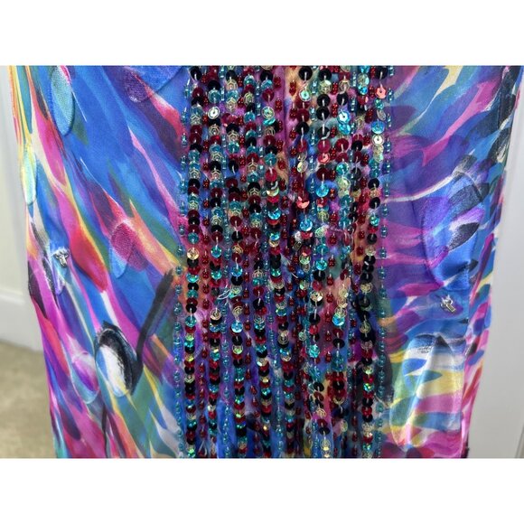 LaFemme Paris Sequin Prom Gown Women's 4 Flowy Silk Beaded Multicolor Open Sides - Picture 15 of 16